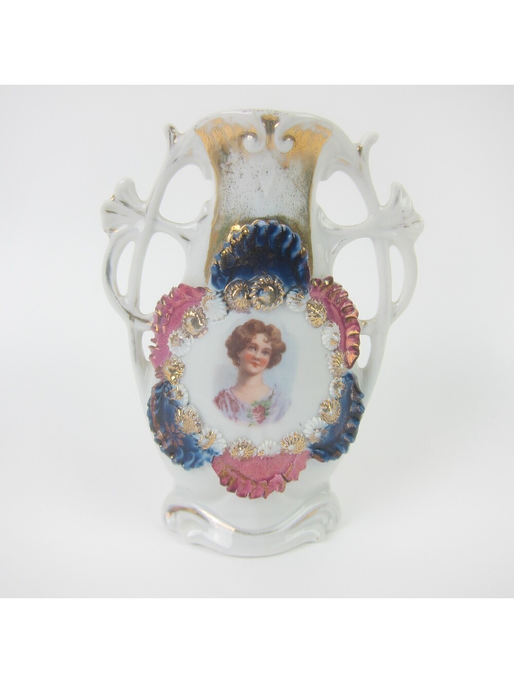 Antique Porcelain Mini Bud Vase 4.75" Woman Roses Pink Blue Gold Accents Germany